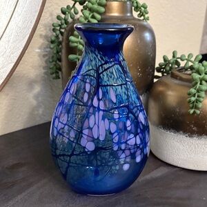 Blue Art Glass Vase with Lavender Accents